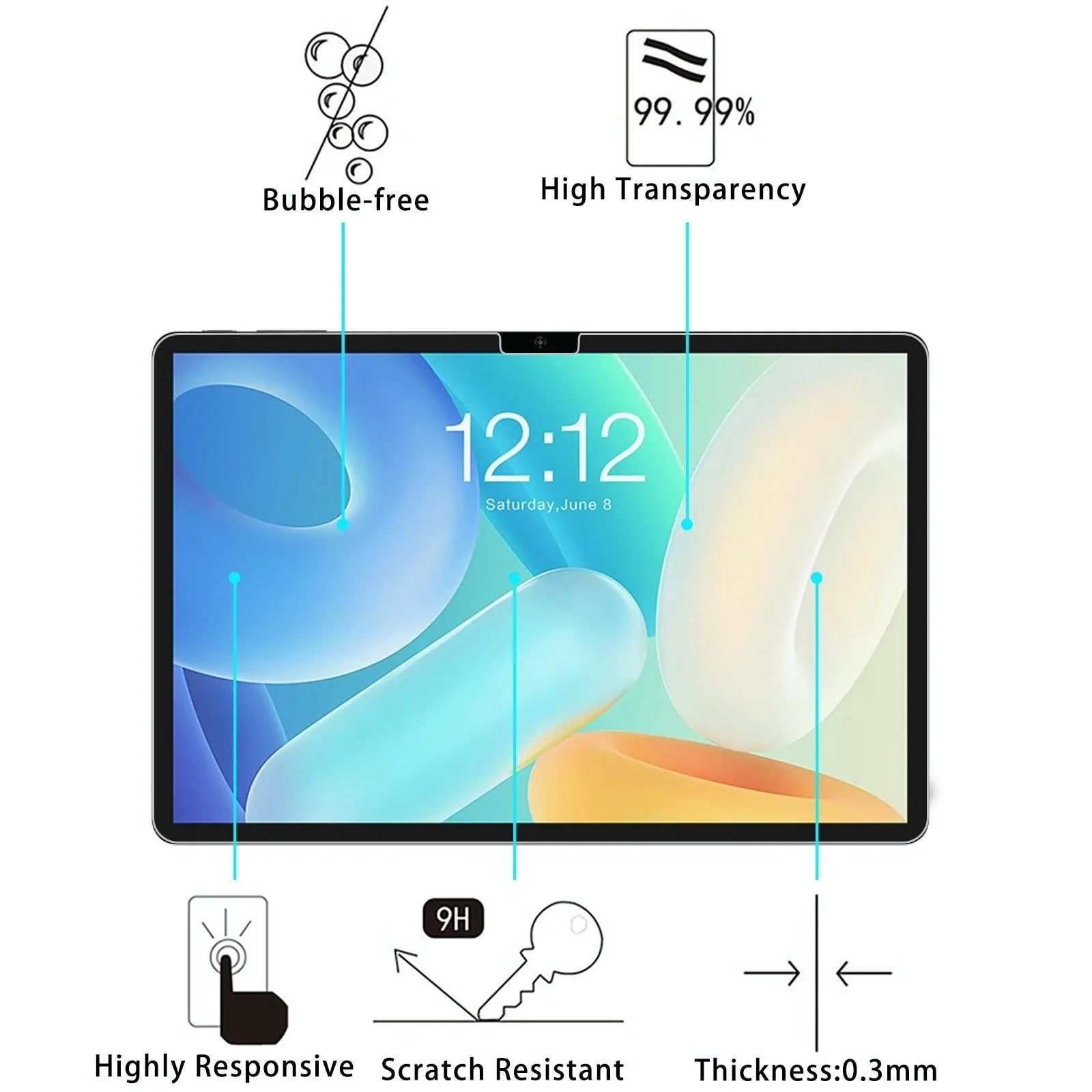 2-Pack Tempered Glass Film For Teclast M40 Air - 9H 0.3Mm Thickness