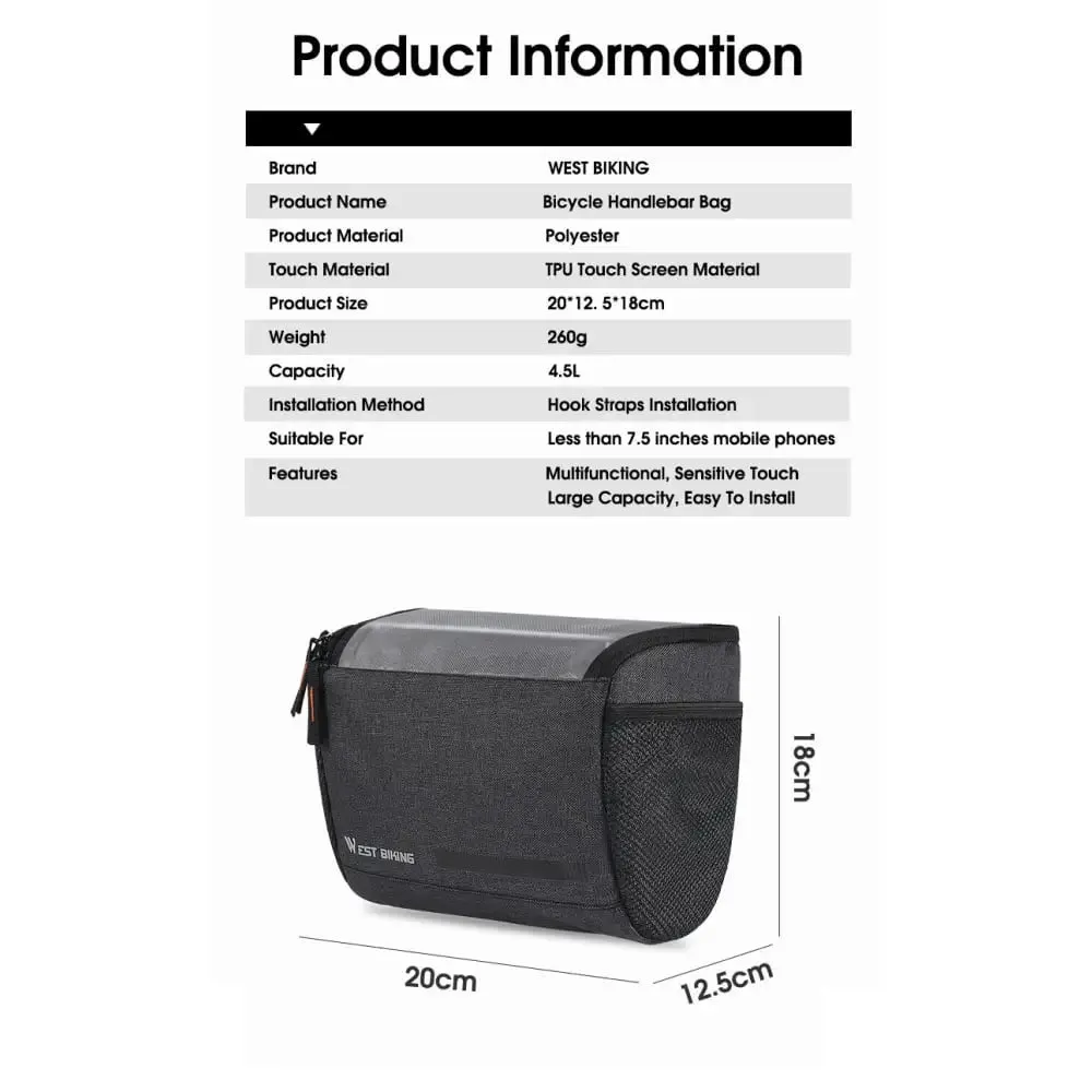 4.5l Handlebar Bicycle Bag with 7.5 Inch Touch Screen Phone Case