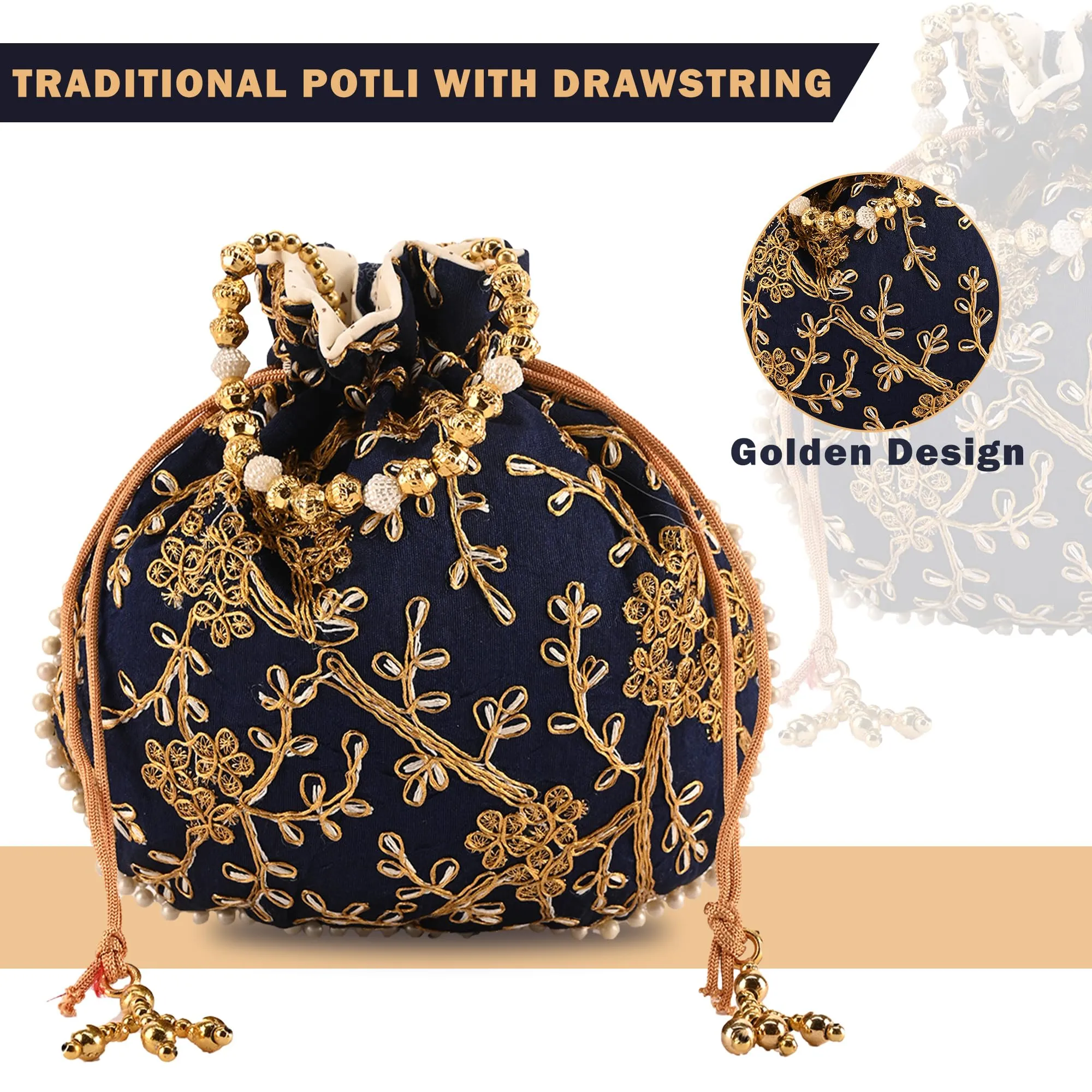 Kuber Industries Potli | Jute Handbags for women | Embroidered Women Potli Bag | Traditional Indian Potli Bags | Drawstring Bags for Wedding | Pack of 5 | Multicolor