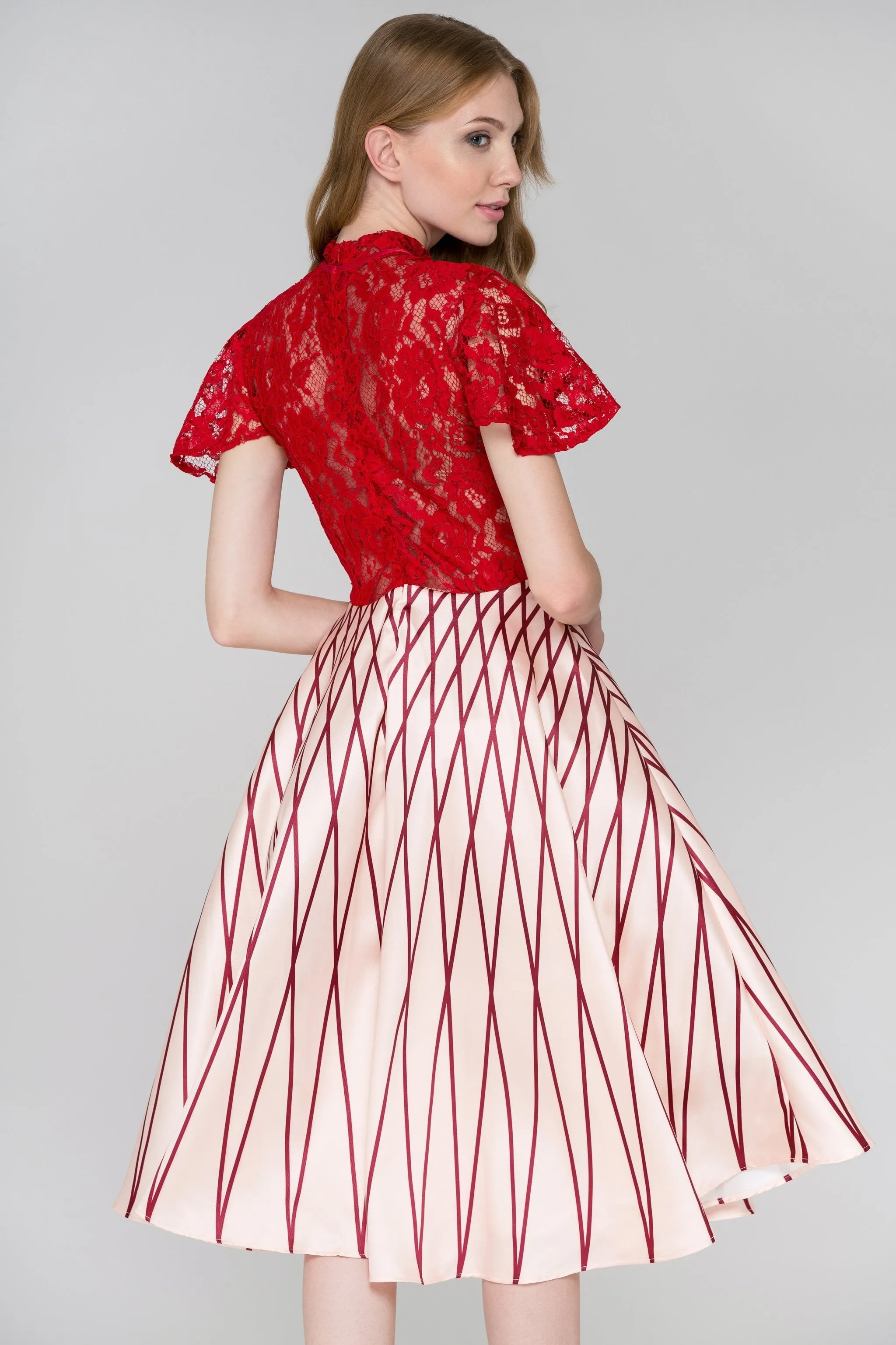 Red Lace Peach Skirt Midi Ball Gown Dress