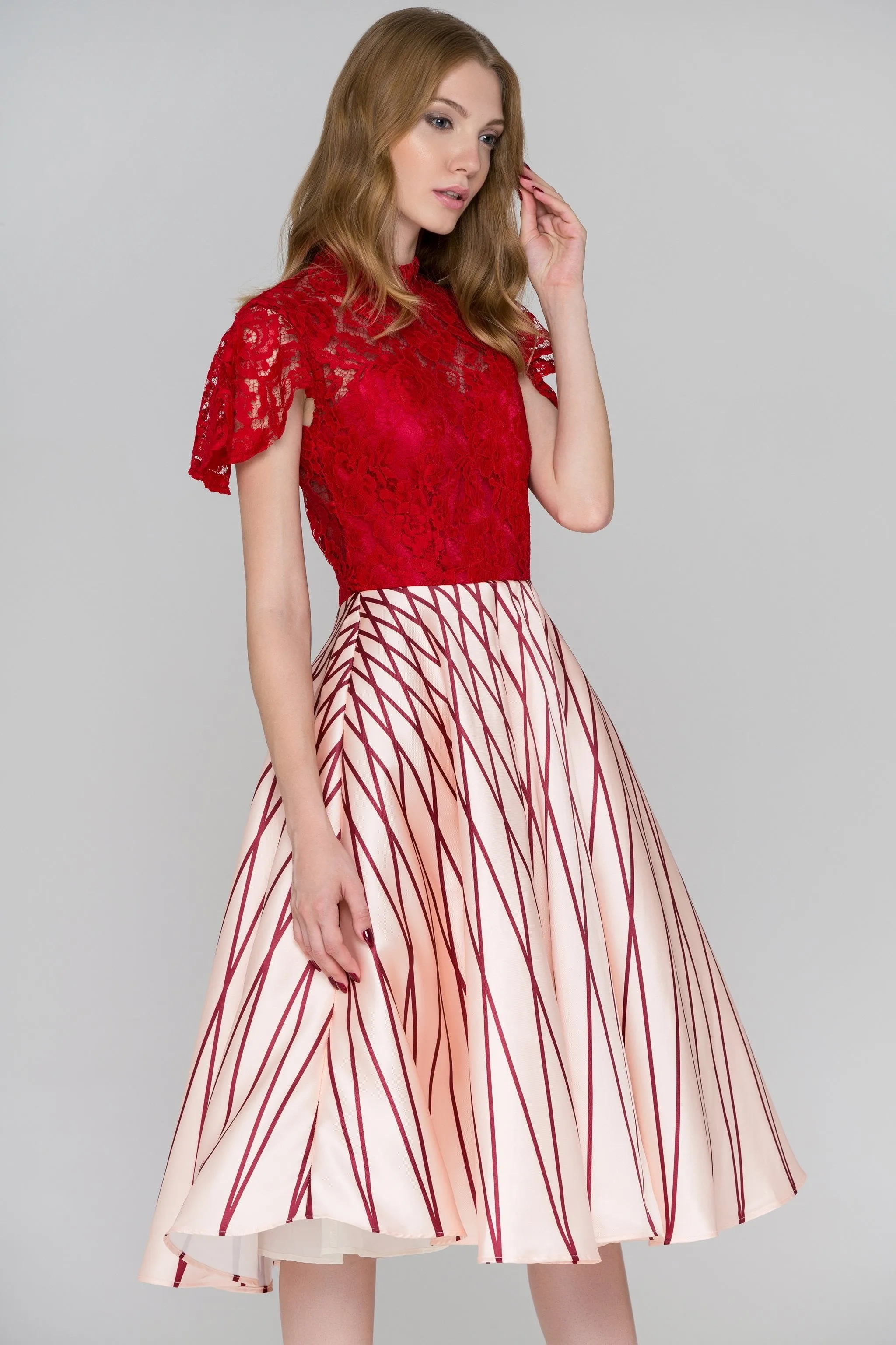 Red Lace Peach Skirt Midi Ball Gown Dress