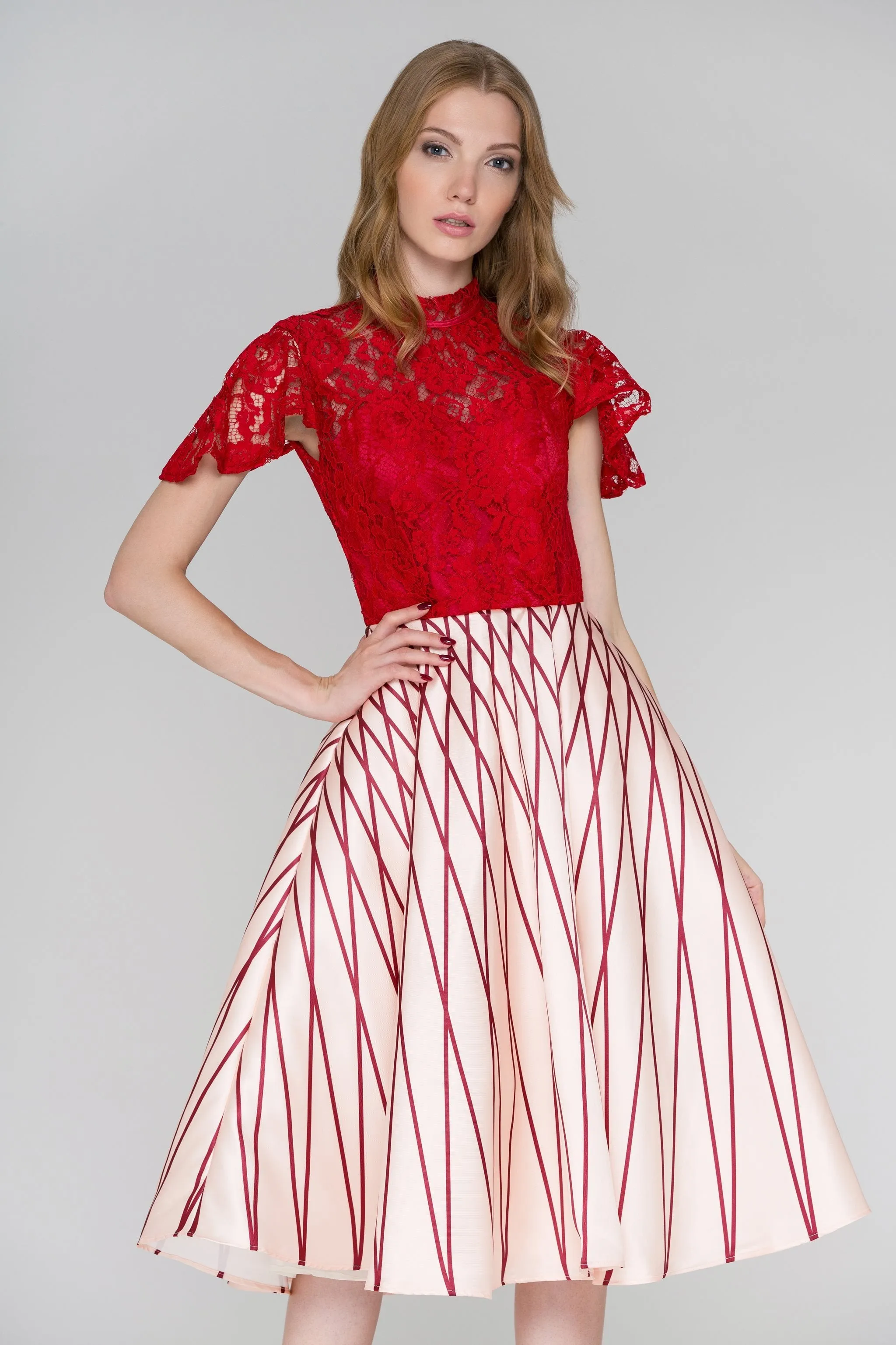Red Lace Peach Skirt Midi Ball Gown Dress